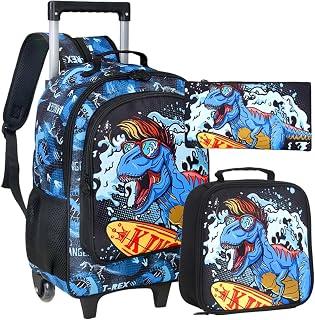 3PCS Rolling Backpack for Boys,Kids Dinosaur Bookbag with Roller Wheels, Suitcase School Bag Set for Toddler Elementary
