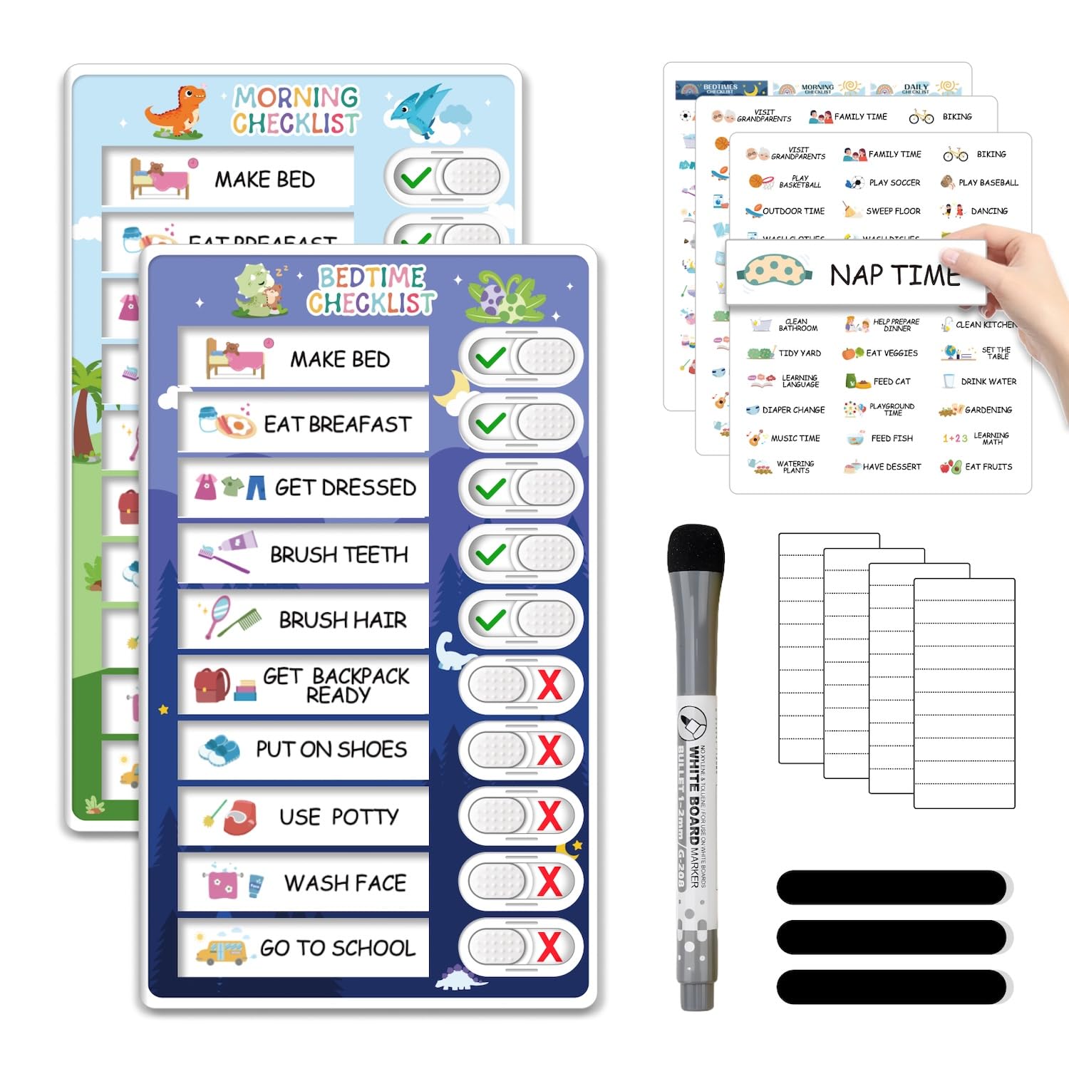 Upgraded 2 in 1 Bedtime/Morning Routine Chart - Magnetic Chore Chart for Toddlers, Cute Visual Schedule Board for Home, Kids Checklist to Do List ADHD Tools