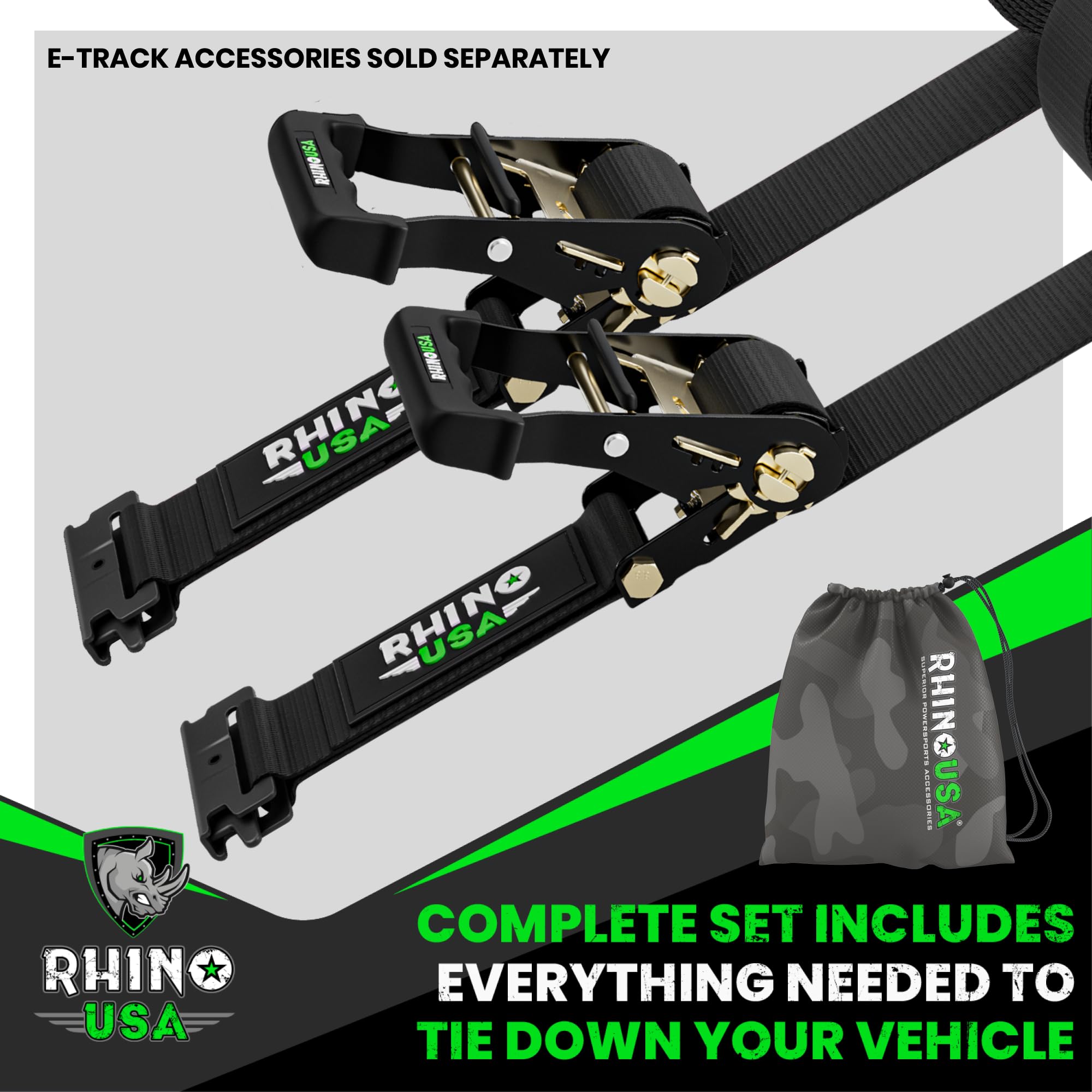 Rhino USA E Track Ratchet Tie Down Straps (4,500lb Break Strength) - Includes (2) Premium 2" x 16' eTrack Tie Downs - Ultimate Heavy Duty eTrack Cargo Strap System for Trailer, Truck, Motorcycle