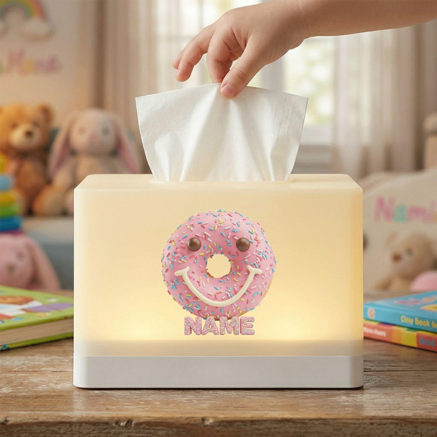 Custom Name Tissue Box Cover with LED Night Light, Rechargeable Donut Design Lamp for Kids Bedroom, Nursery Decor, Personalized Desk Accessory image 5