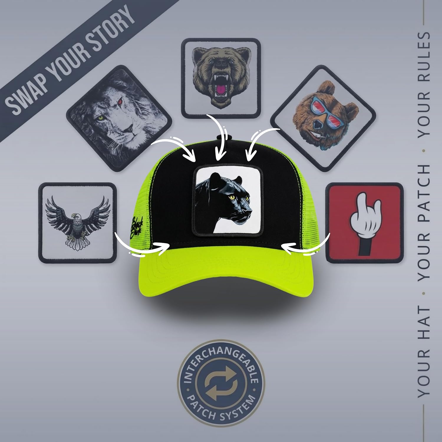 Trucker Hat with Interchangeable Surprise Patch Adjustable for Men and Women Animal Patch Hat Breathable One Size