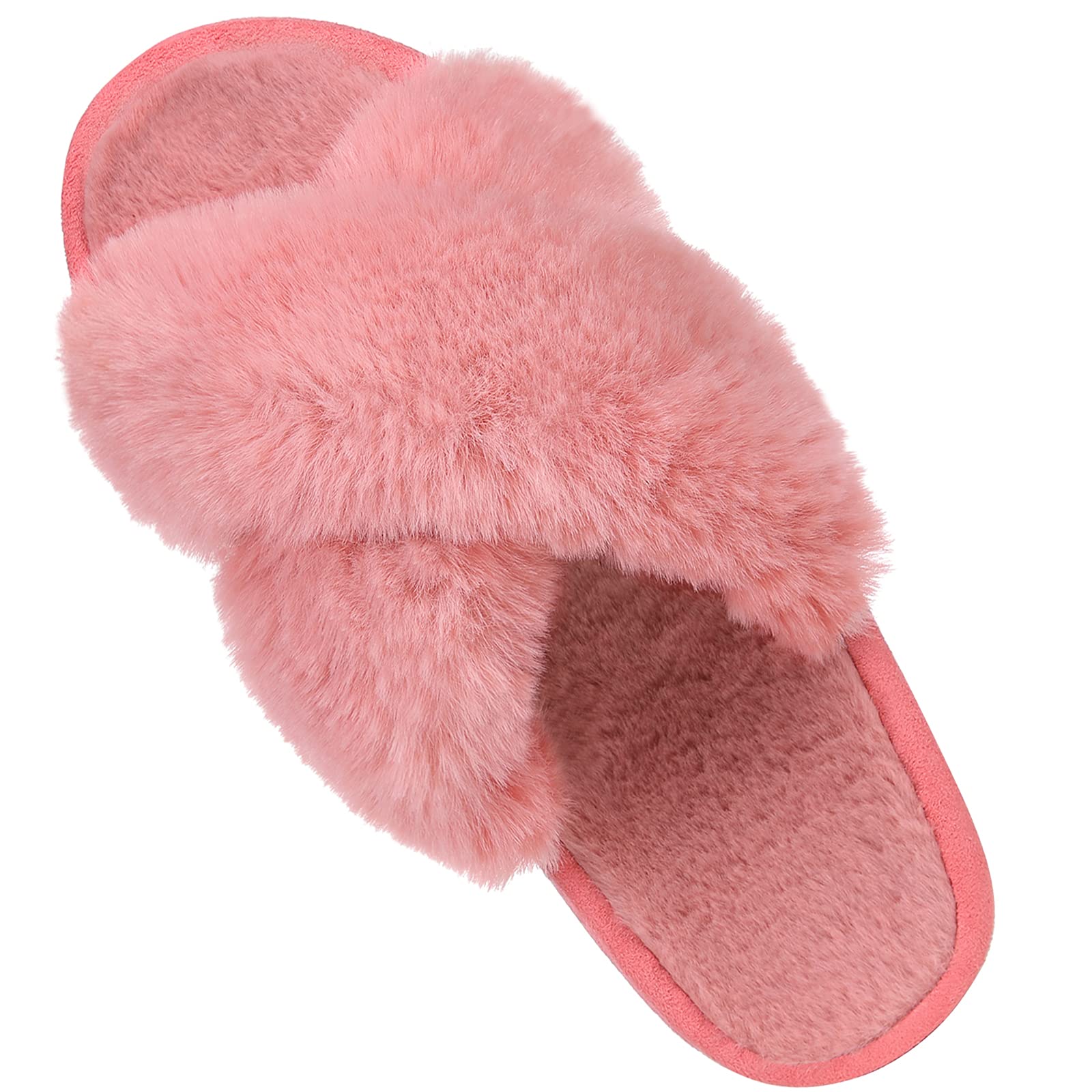 Comwarm Women's Cross Band Fuzzy Slippers Fluffy Open Toe House Slippers Cozy Plush Bedroom Shoes Indoor Outdoor