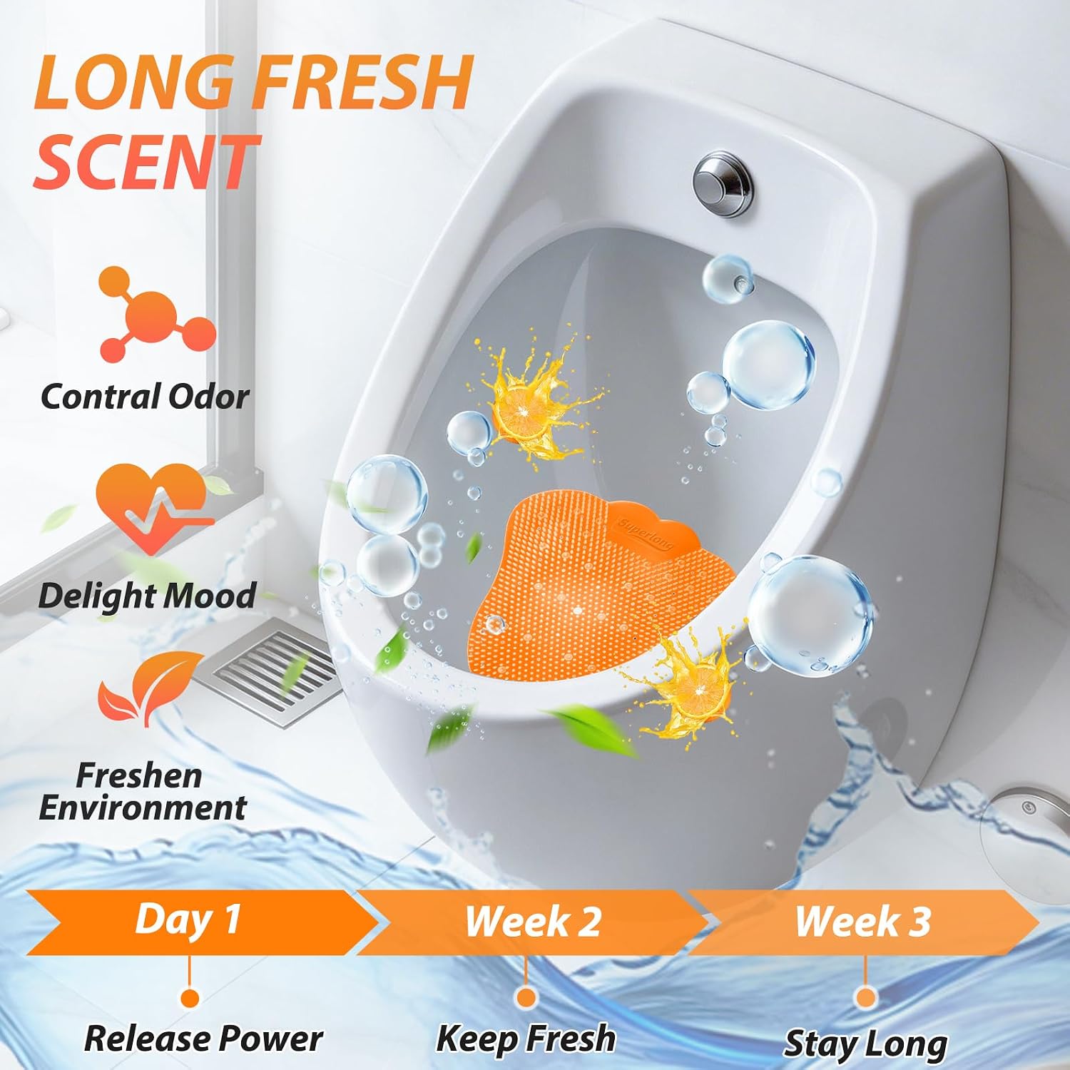 24 Pack Urinal Screen Deodorizer, Upgraded Urinal Cakes Anti-Splash Odor Control Long-Lasting Fresh Dry Wet Pads for Men Toilets in Restroom Office Hotel Mall Schools, Orange Citrus