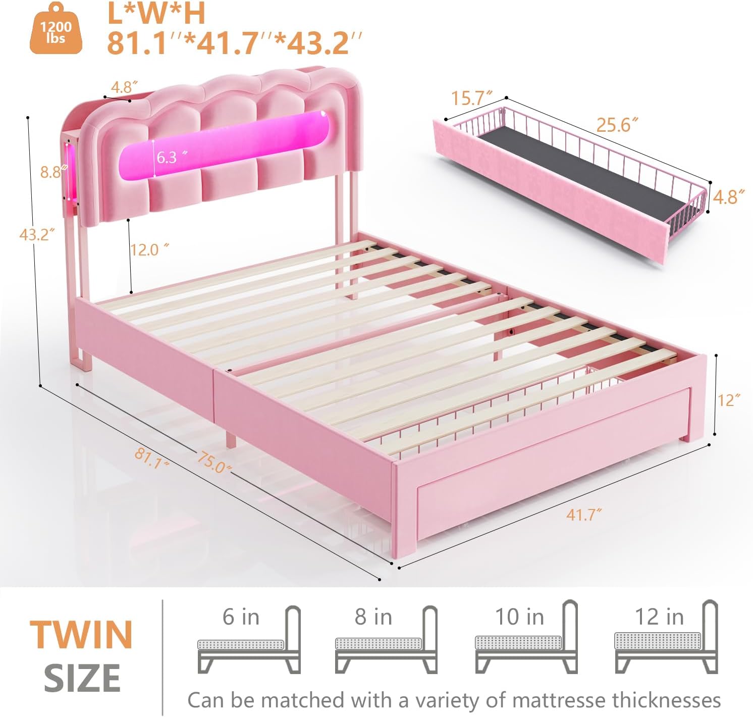 Twin Bed Frame with Storage and LED Lights Charging Station, Velvet Upholstered Bed with Drawer, No Box Spring Needed, Easy Assemble, Pink