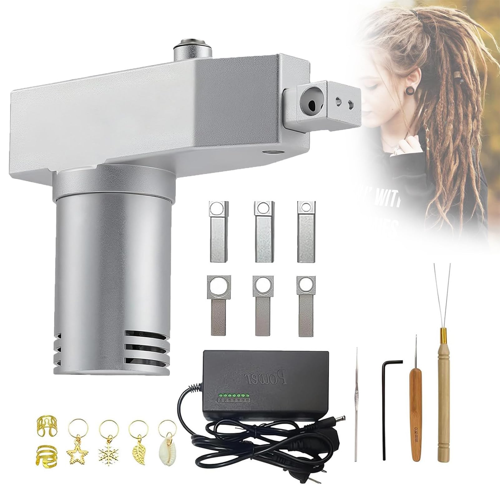 Handgehaltenes Dreadlock-Werkzeug, automatische Loc Maker-Maschine mit 6 austauschbaren Lochgrößen (6/8/10/12/14/16 mm) und Mehreren Styling-Tools