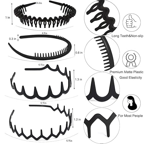 Miniatura 2 de 8 diademas de plástico antideslizantes y sin esfuerzo con peine de dientes, bandas negras para el cabello para mujeres, hombres, adolescentes,
