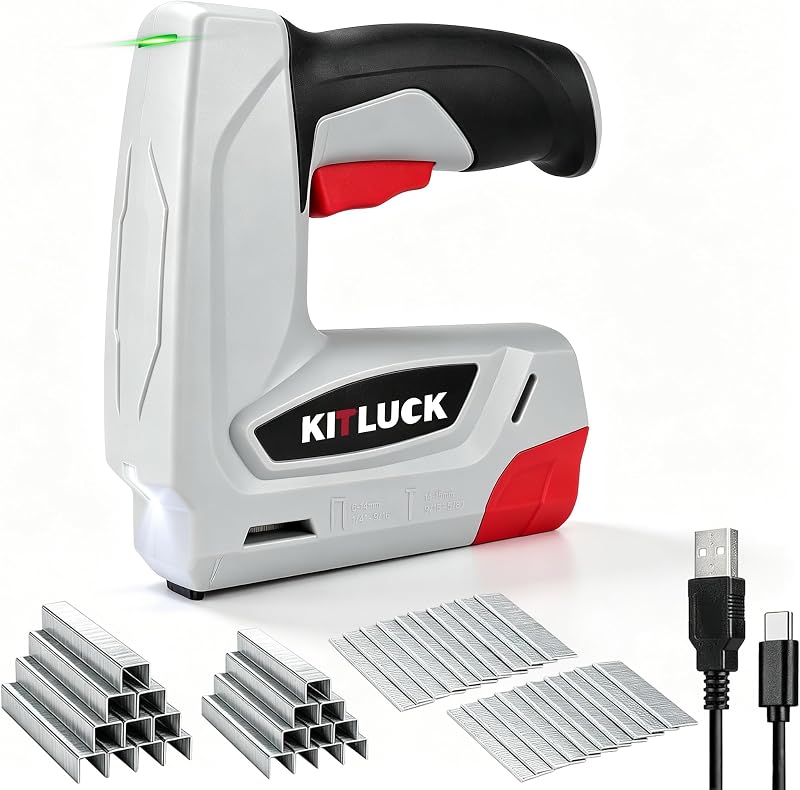 KITLUCK Grapadora eléctrica, grapadora inalámbrica 2 en 1 de 4 V y clavadora Brad, con batería de 2 Ah, 2000 grapas, 1000 clavos, mini pistola de clavos eléctrica portátil para madera, tapicería, tela, reparación del hogar