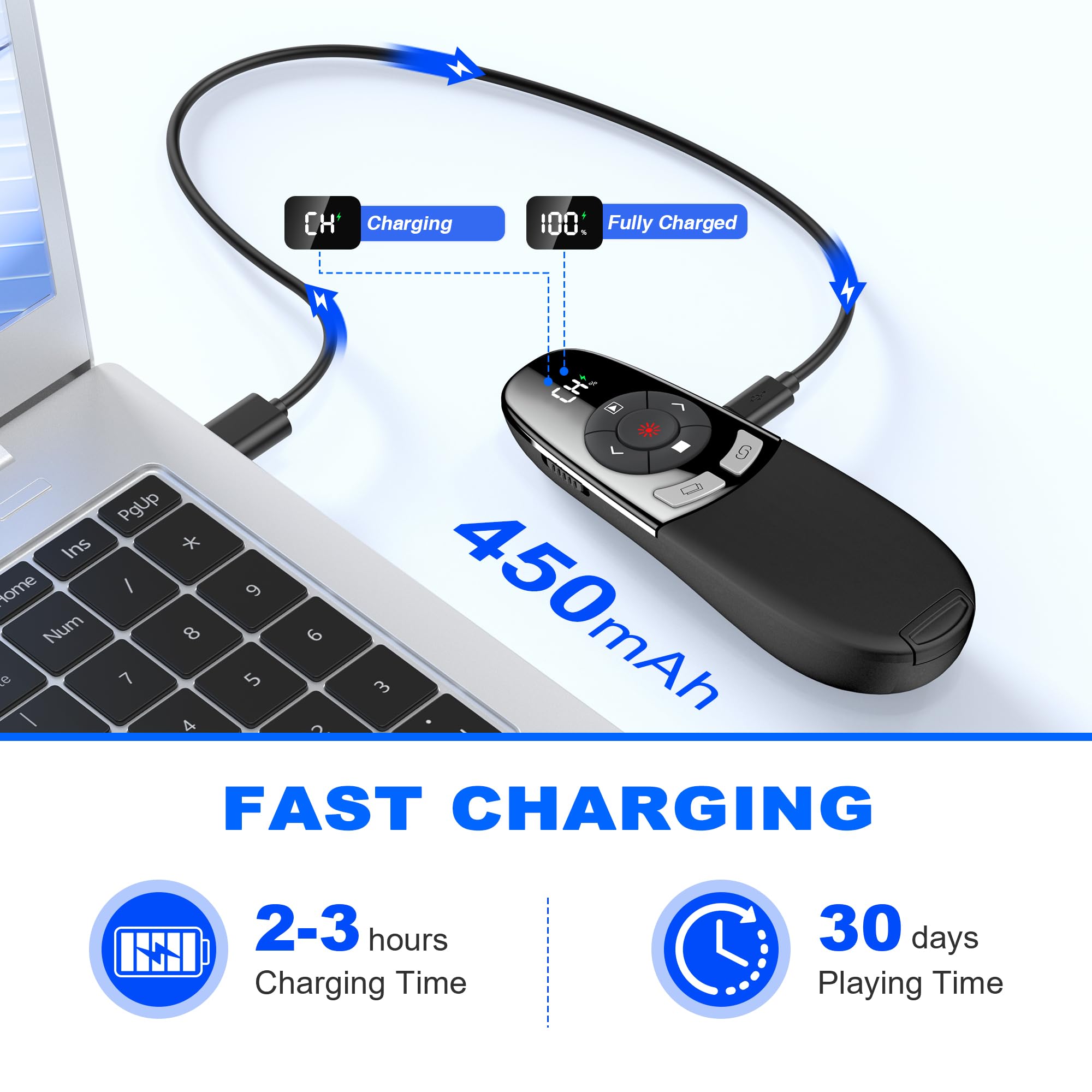 Presenter USB C, rechargeable, sans fil 2,4 GHz, pointeur pour présentations avec indicateur de batterie, lumière rouge, télécommande de présentation pour PowerPoint/Keynote/Google Slides