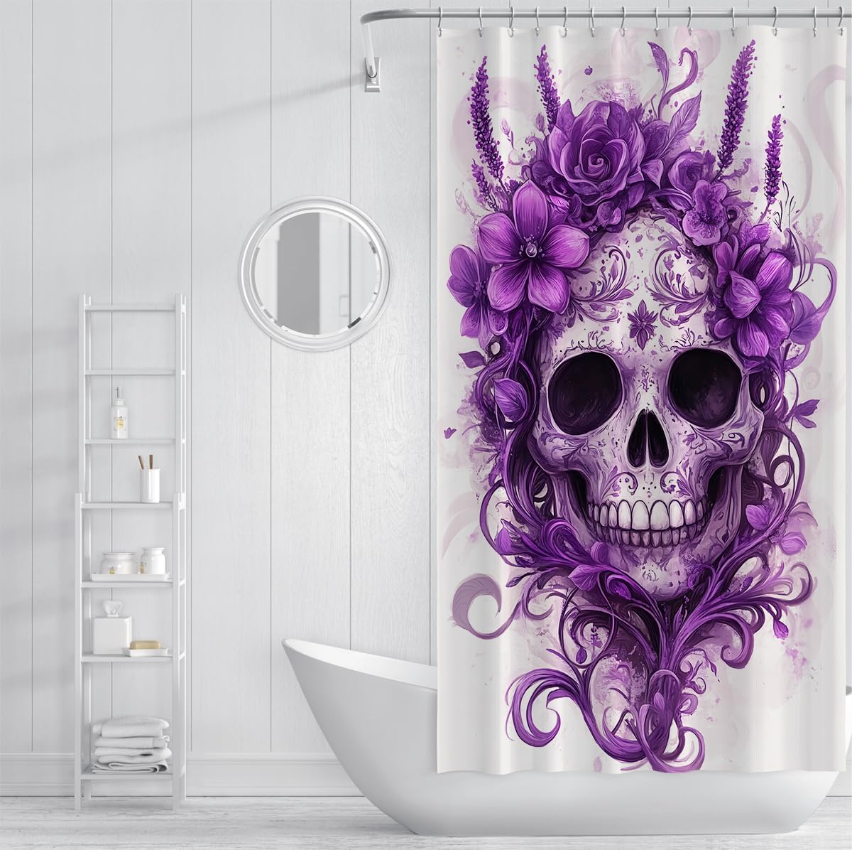 Gothic Skull Duschvorhang Purple Rose White Badezimmer Deko 180x200cm