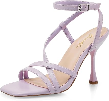 GENSHUO Womens Stiletto Heels Square Open Toe Strappy Sexy Dress Heels with Buckle Ankle Strap High Heel Sandals for Wedding Party Prom Daily