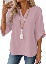 iWoo Womens 3/4 Sleeve Tops V Neck Ladies Blouses Cotton Linen Tunic Casual Loose Fit Summer Top Shirts for UK