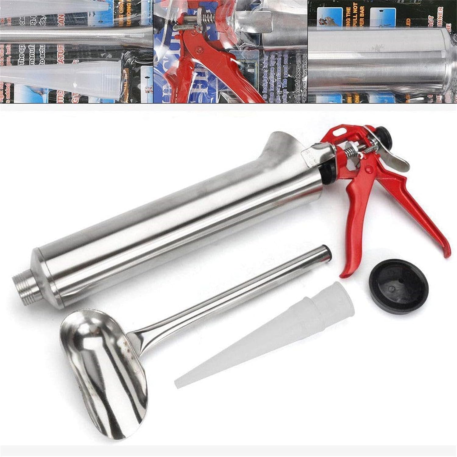 Stainless Steel Hand Caulking Gun, Cement Mortar Caulking Gun Mortar Applicator Sprayer Grout with 2 Nozzles and Nozzle Scoop