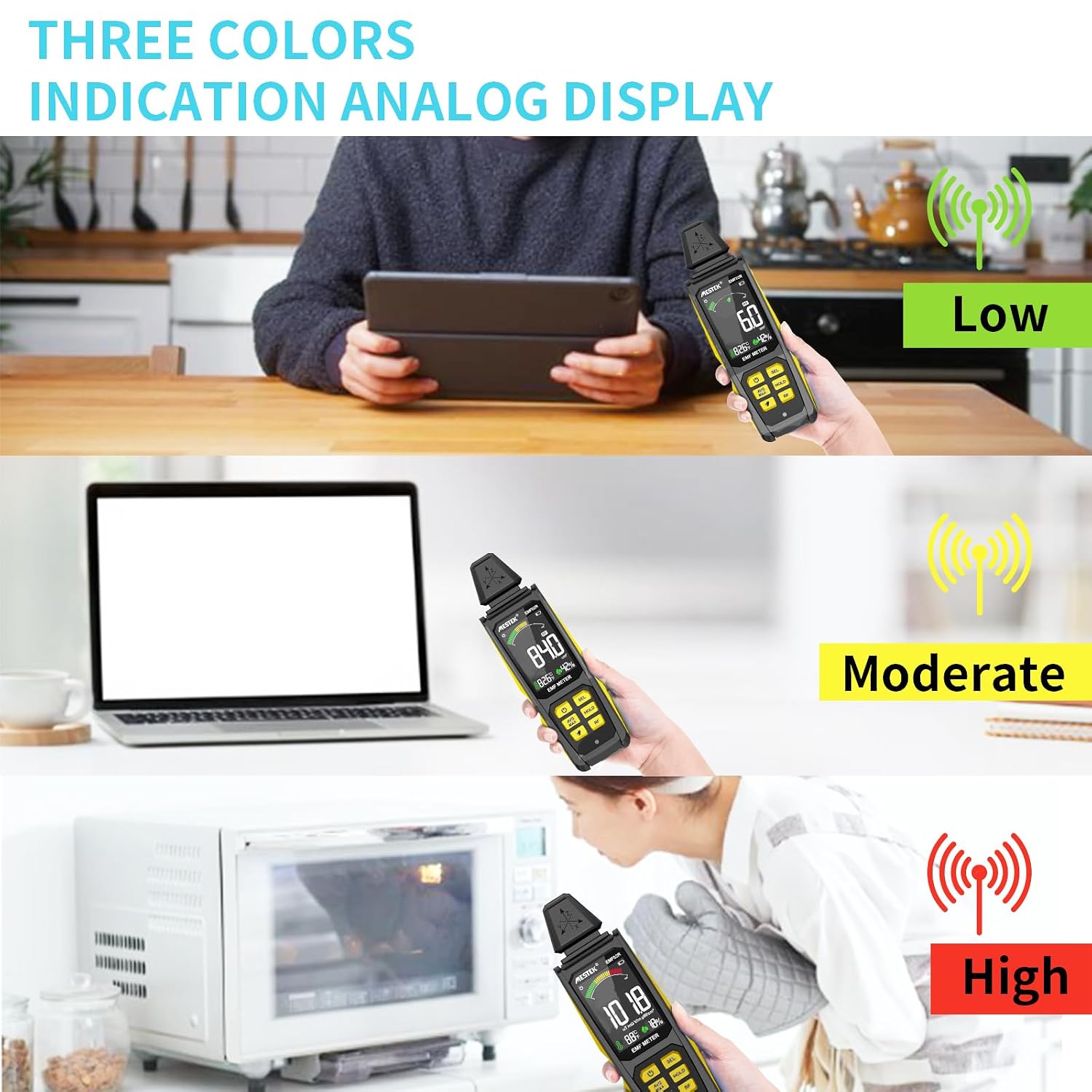 Collage of images showing the EMF meter being used near various household appliances like a TV, speaker, fan, microwave, and refrigerator.