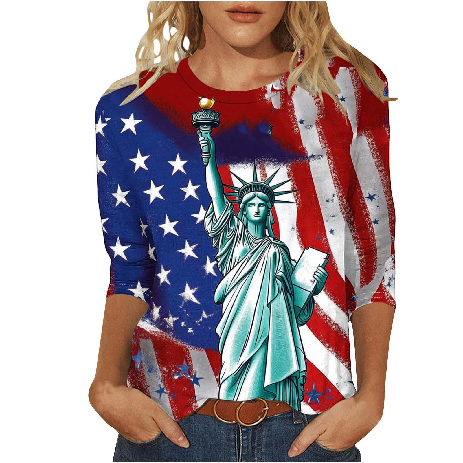 3/4 Length Sleeve Womens Tops 4th of July Shirts Dressy Casual Crewneck USA Flag Stars and Stripes Patriotic T Shirts