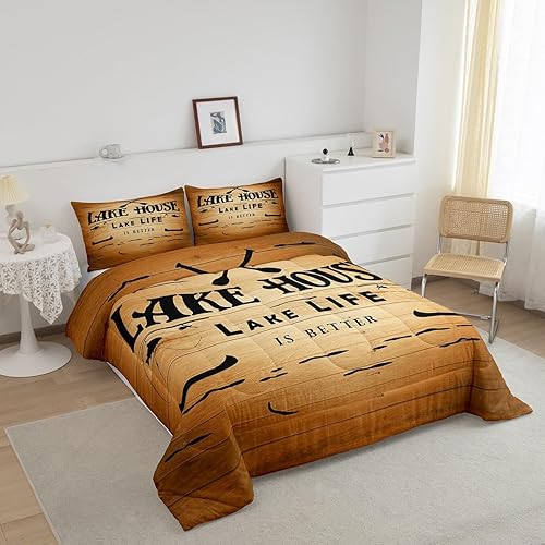 Miniatura 2 de Erosebridal Juego de edredón de decoración de casa del lago, juego de edredón de paletas de madera coloridas tamaño matrimonial, juego de ropa de