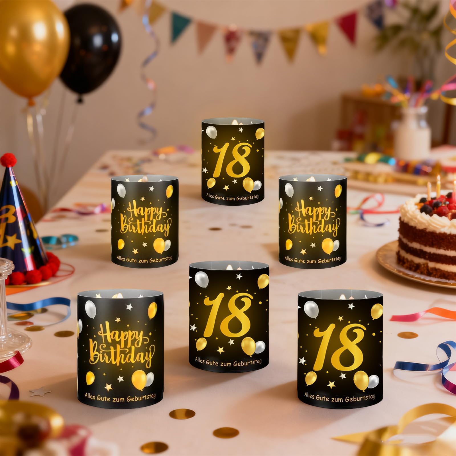 12 sztuk lampionów, dekoracja stołu na 60 urodziny, Happy Birthday, dekoracja stołu, podgrzewacze lub świece, czarno-złote, dla mężczyzn i kobiet (12, 18)
