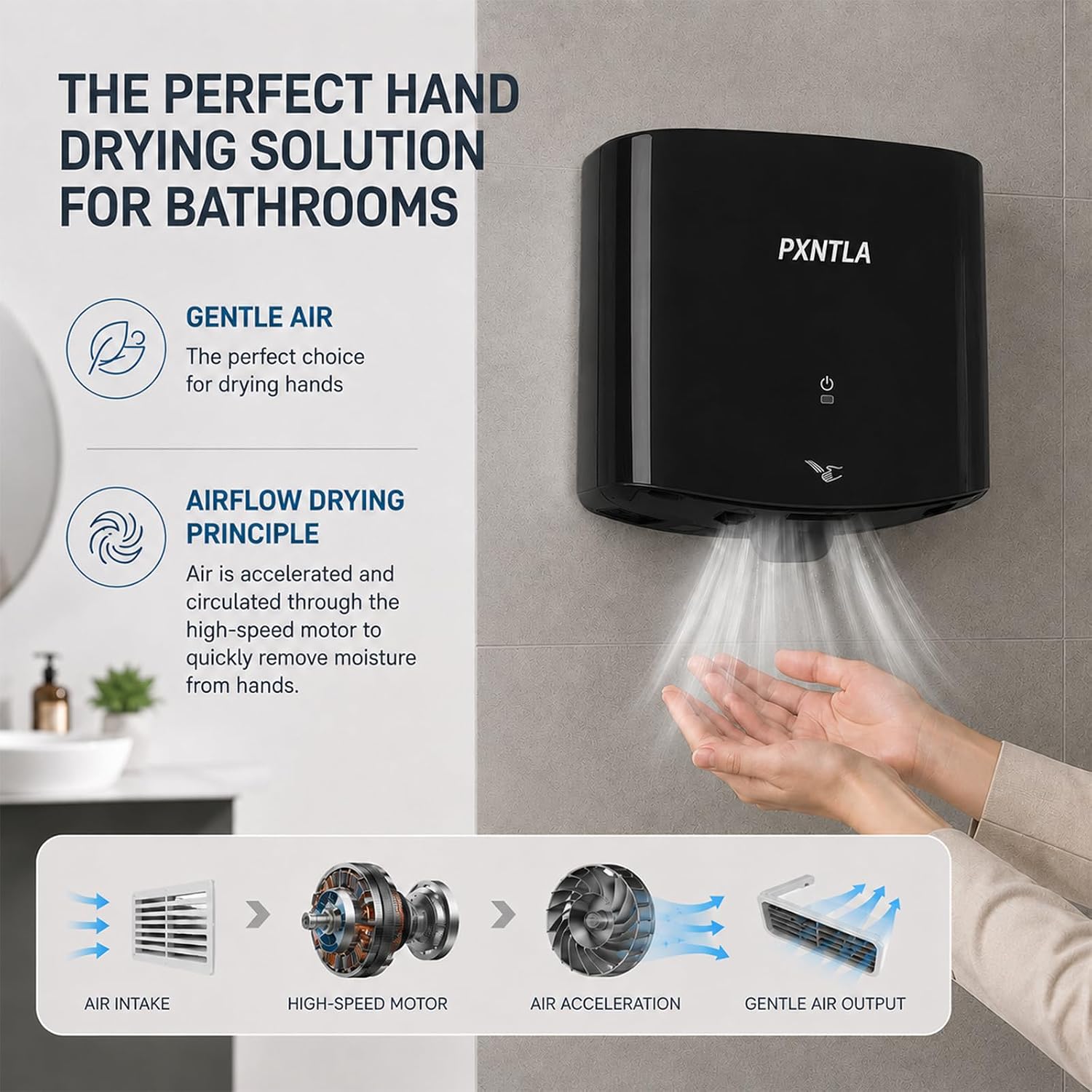 Hand Dryer, 12-15 Seconds Fast Dry Hands, 100-130V Voltage, Bottom Hot & Cold Air Switch, IPX1 Waterproof & 60s Overheat Protection