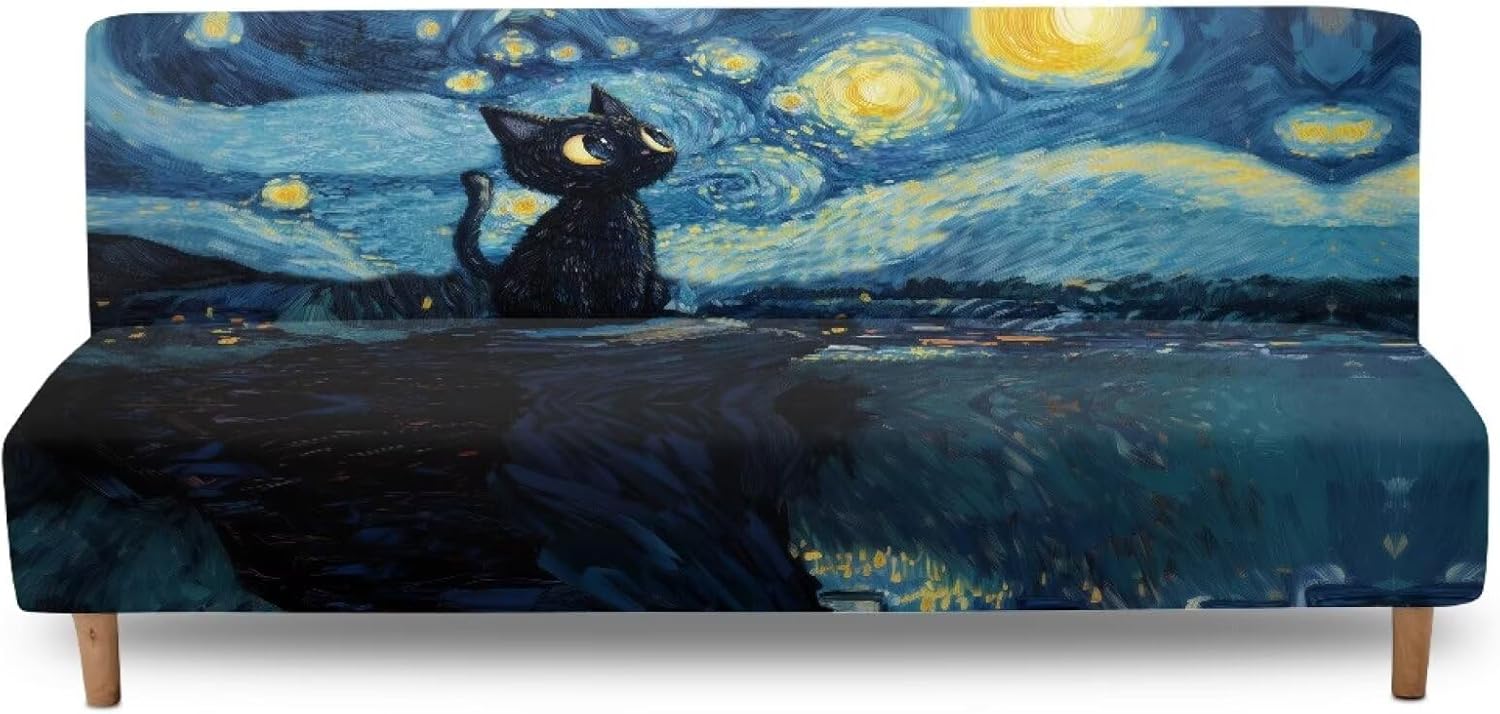 Xoenoiee Black Cat Starry Night Pattern Futon Slipcover for Armless Couch Stretchy Sofa Bed Cover Soft Elastic Couch Cover Machine Washable Furniture Protector