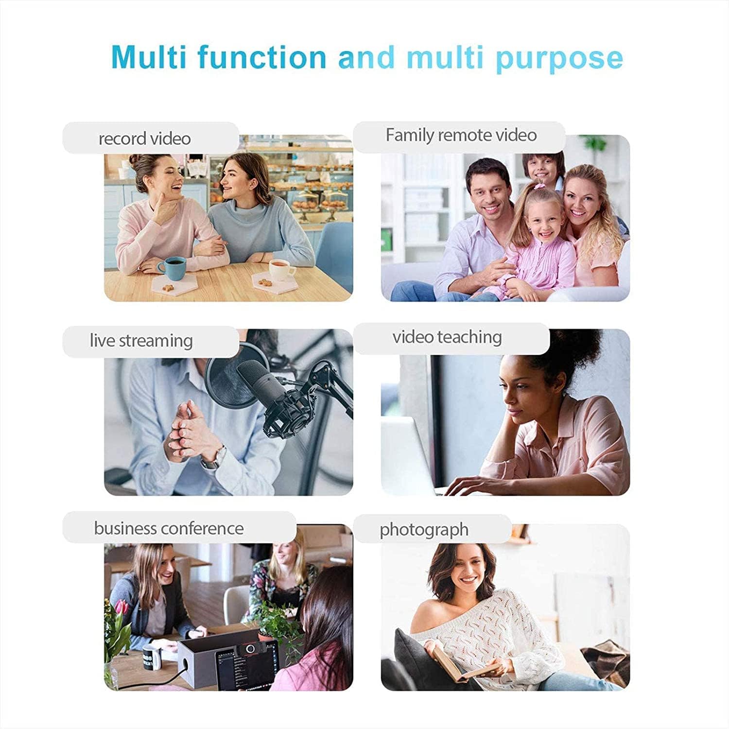 Six panels showing different uses of a webcam: recording video, family remote video, live streaming, video teaching, business conference, and photography.
