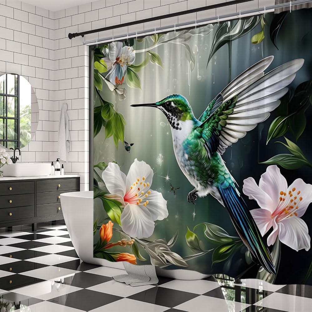 Hummingbird Flower Shower Curtain Watercolor Floral Green Leaves Bird Garden Nature Scenery Fabric Bathroom Decor Curtains with Hooks,82 x 70