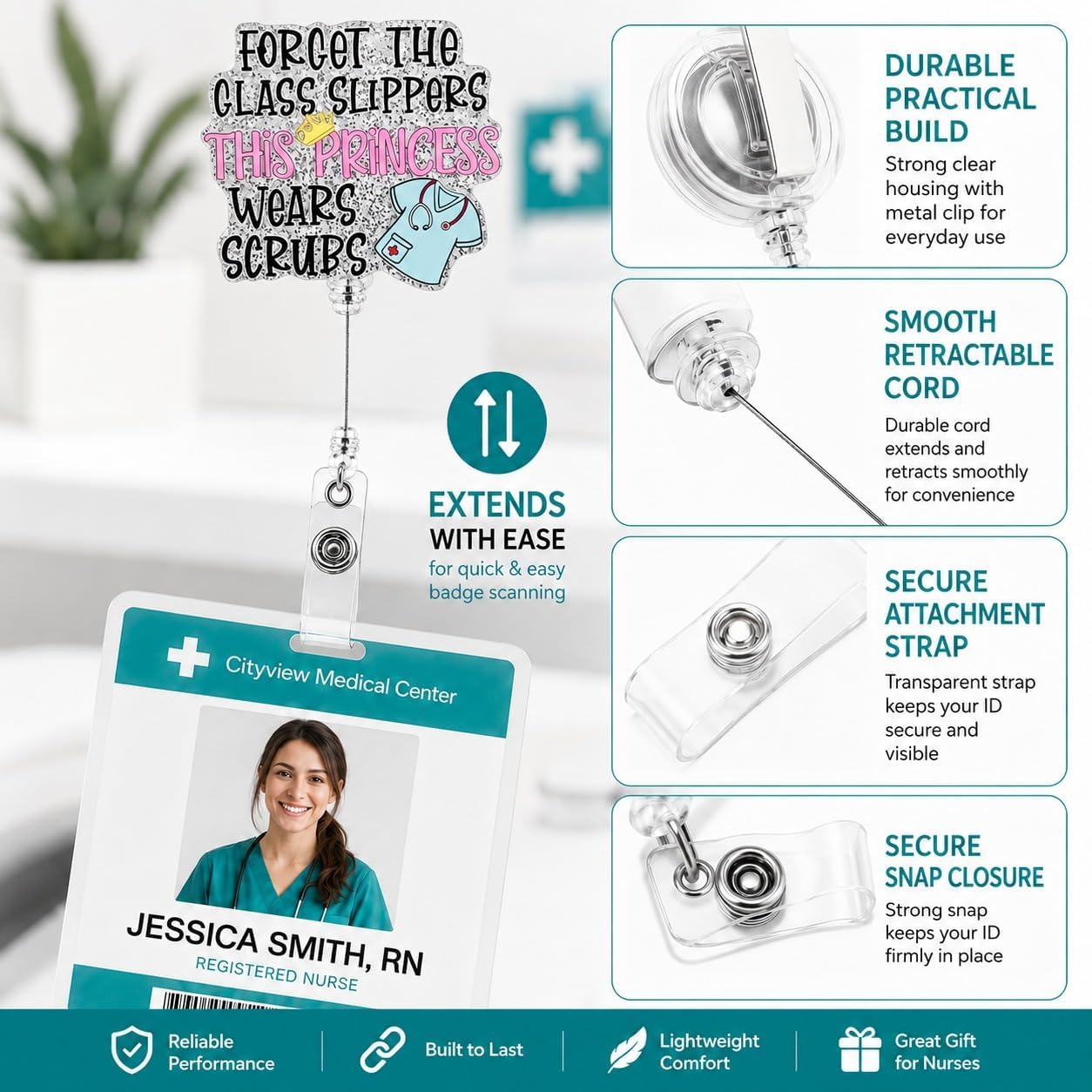 Nurse Badge Reel, Glitter, Princess Wears Scrubs Design image 4
