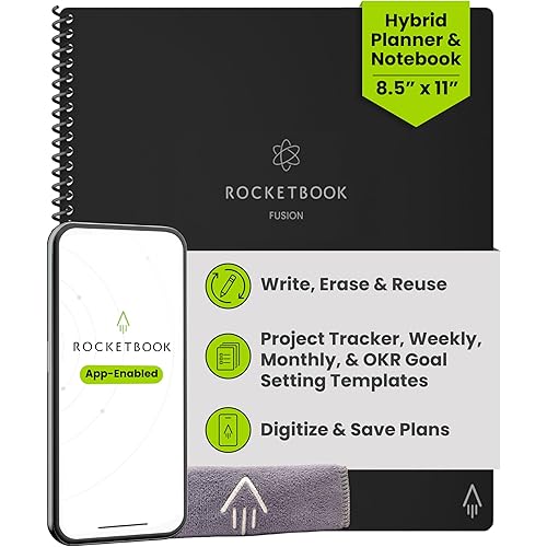 Rocketbook Fusion Hybrid Reusable Planner and Notebook in One, Additional Blank Pages, Goal and Project Tracker, Undated Planner, Letter Size 8.5x11, Black (Pack of 1)