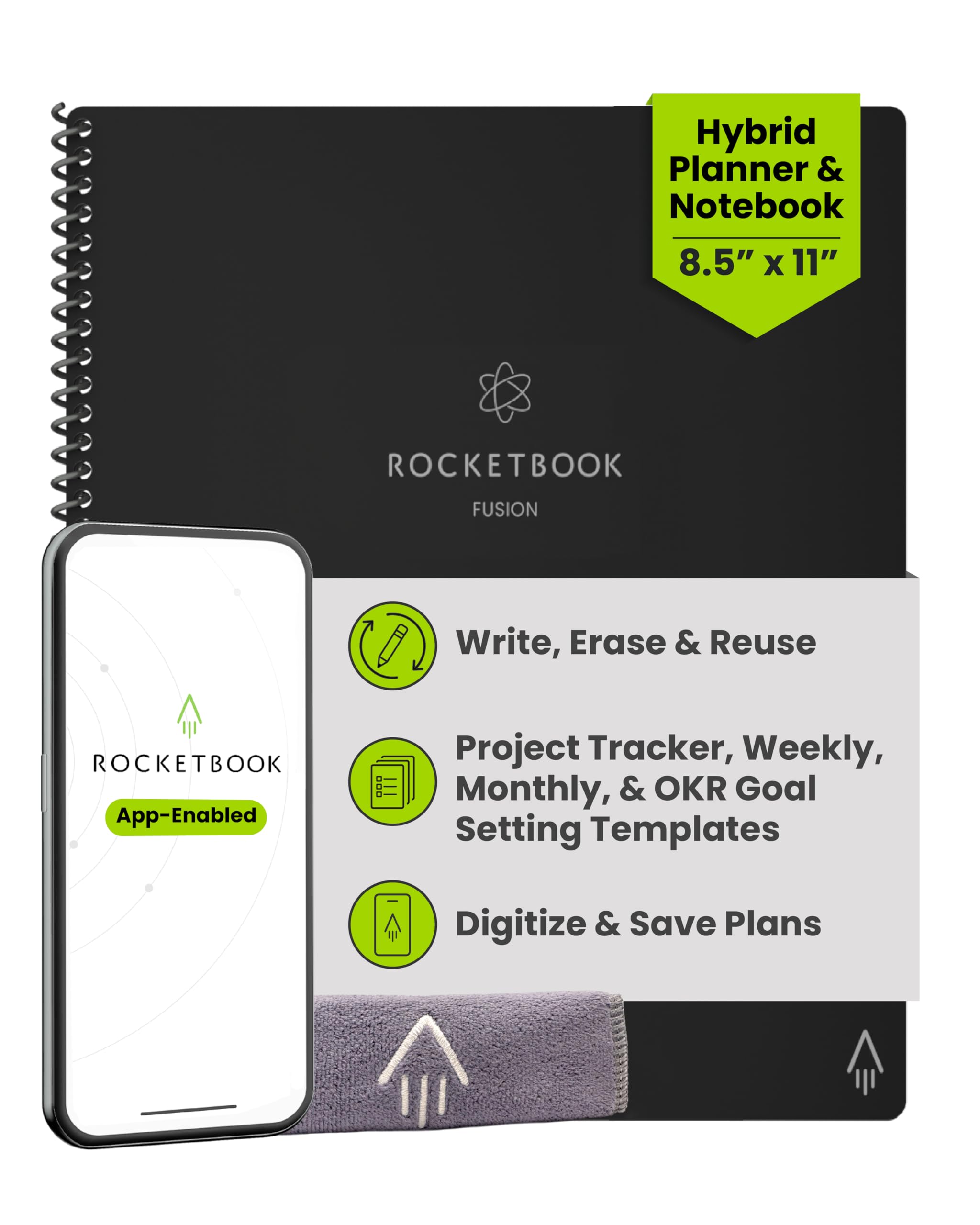 Rocketbook Fusion Hybrid Reusable Planner and Notebook in One, Additional Blank Pages, Goal and Project Tracker, Undated Planner, Letter Size 8.5x11, Black (Pack of 1)