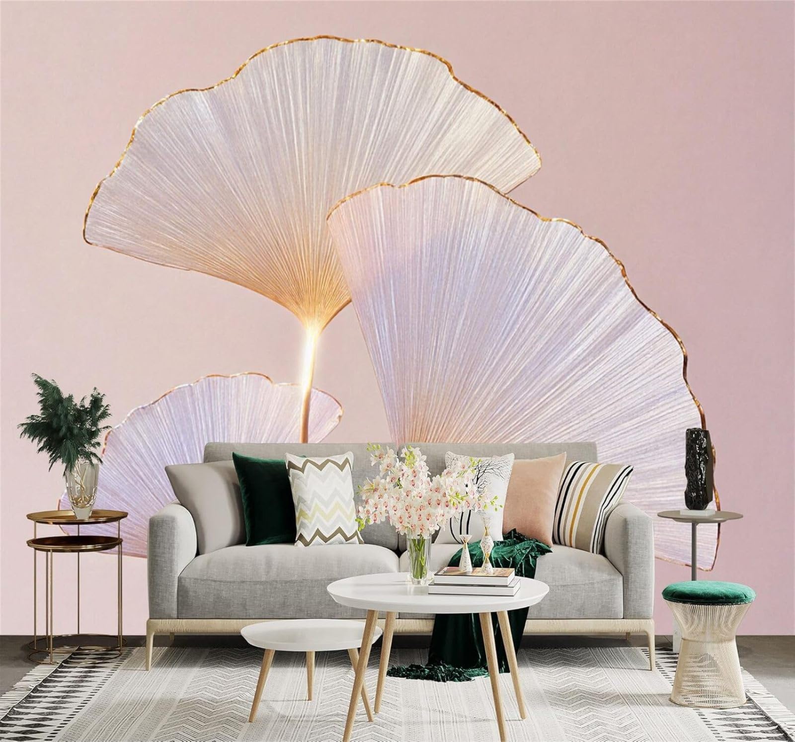 XLMING Exquisite Elegant Ginkgo Leaves with Gold Edges On A Soft Pink Background 3D Wallpaper Silky Texture Home Study Office Grey Dining Room Sofa Bedroom Living Room TV Backdrop-250cm×170cm