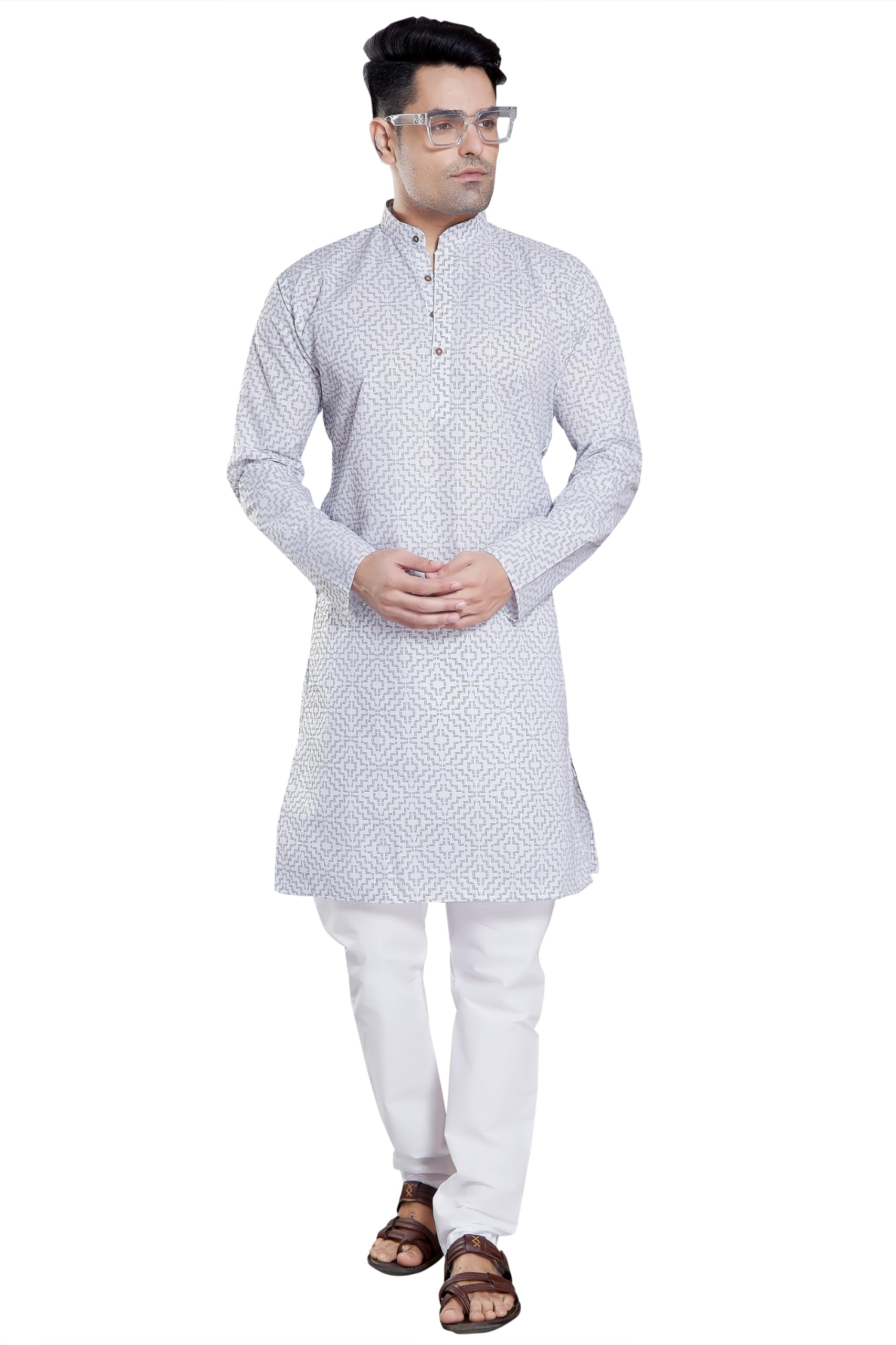 Divisive Men's Khaddi Printed Cotton Blend Slim Fit Kurta Pyjama Set (Dkrt93_M_White)
