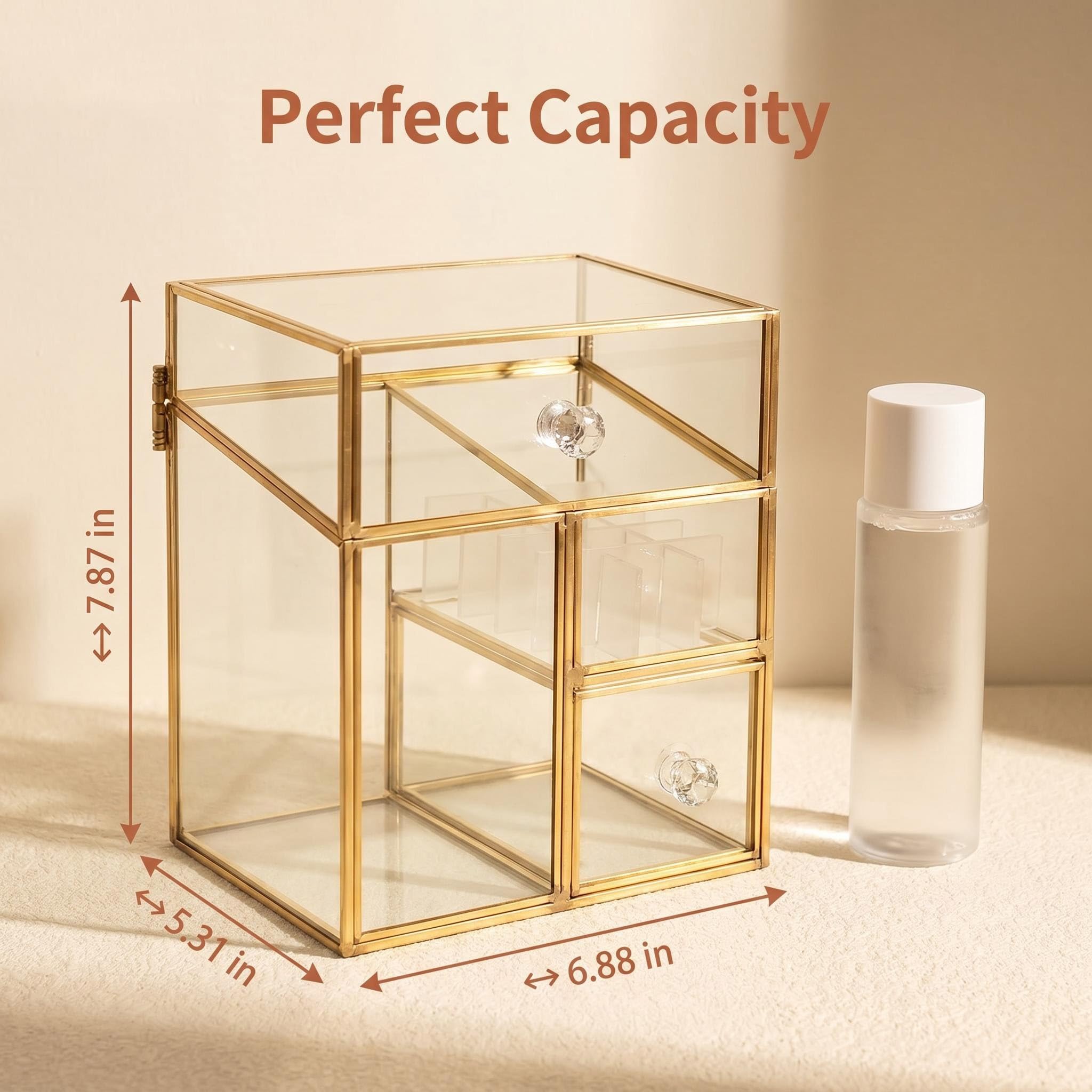 JIARI Organizador de maquillaje de vidrio con cajones, 6.88 x 5.31 x 7.87 pulgadas, acabado dorado, almacenamiento de cosméticos transparente, múltiples compartimentos, exhibición de tocador