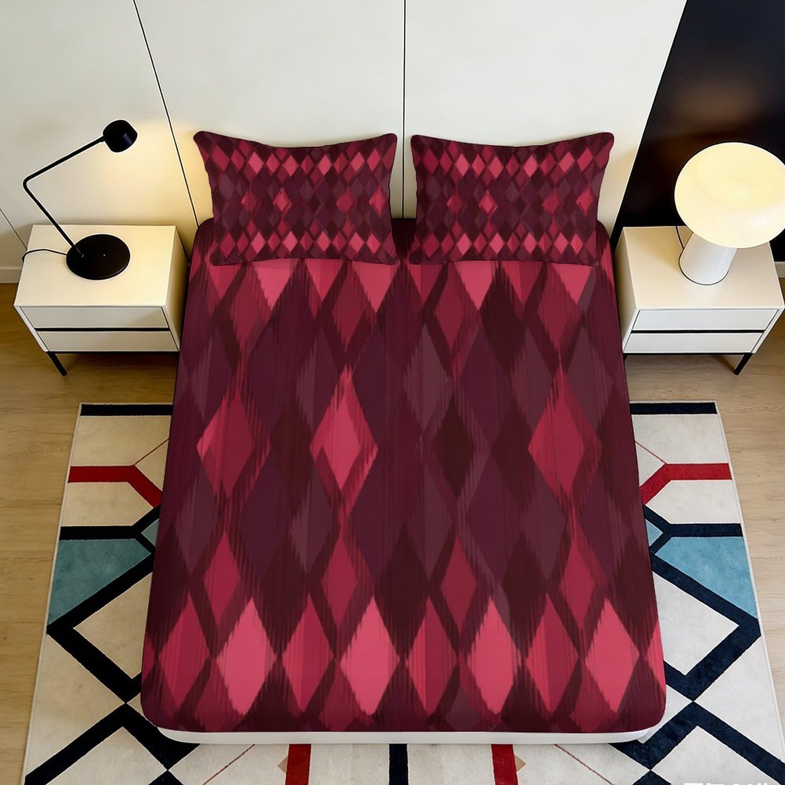 3D Printed geometric fitted sheet, deep red diamond pattern, microfiber soft touch, wrinkle resistant, apartment bedding, bedroom decor, machine washable, mattress cover for adults 180x200x25cm