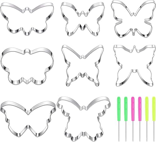 Juego de 8 piezas de cortador de galletas de mariposa de acero inoxidable y 6 pines de agitación de azúcar para sándwich, chocolate, fondant,