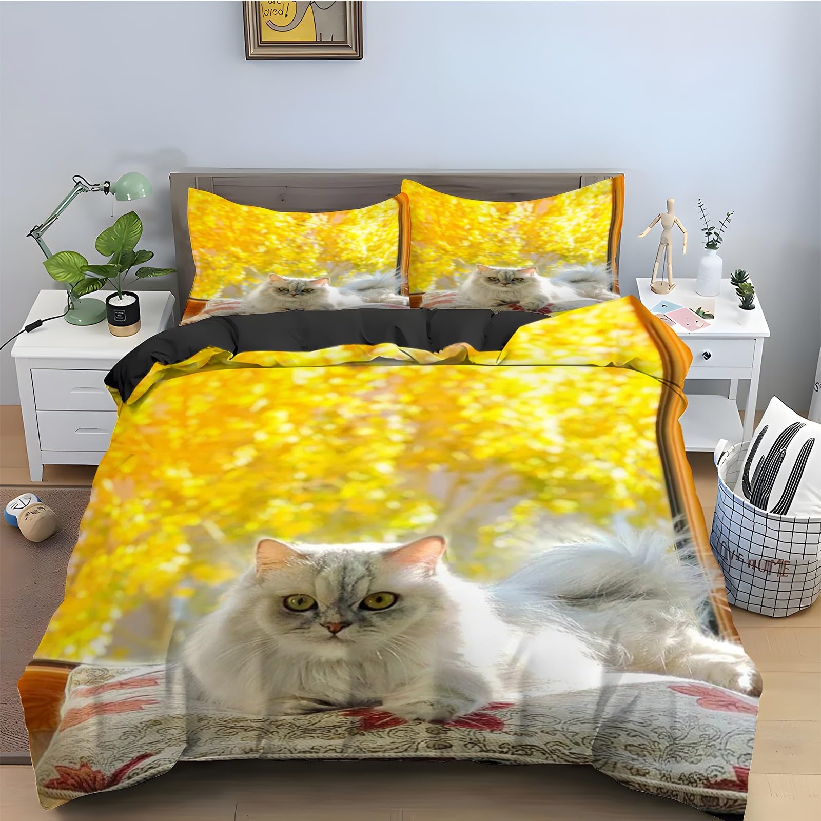 Housse de couette 240x260 chat persan avec ses 2 taies d'oreiller pour lit 2 personnes