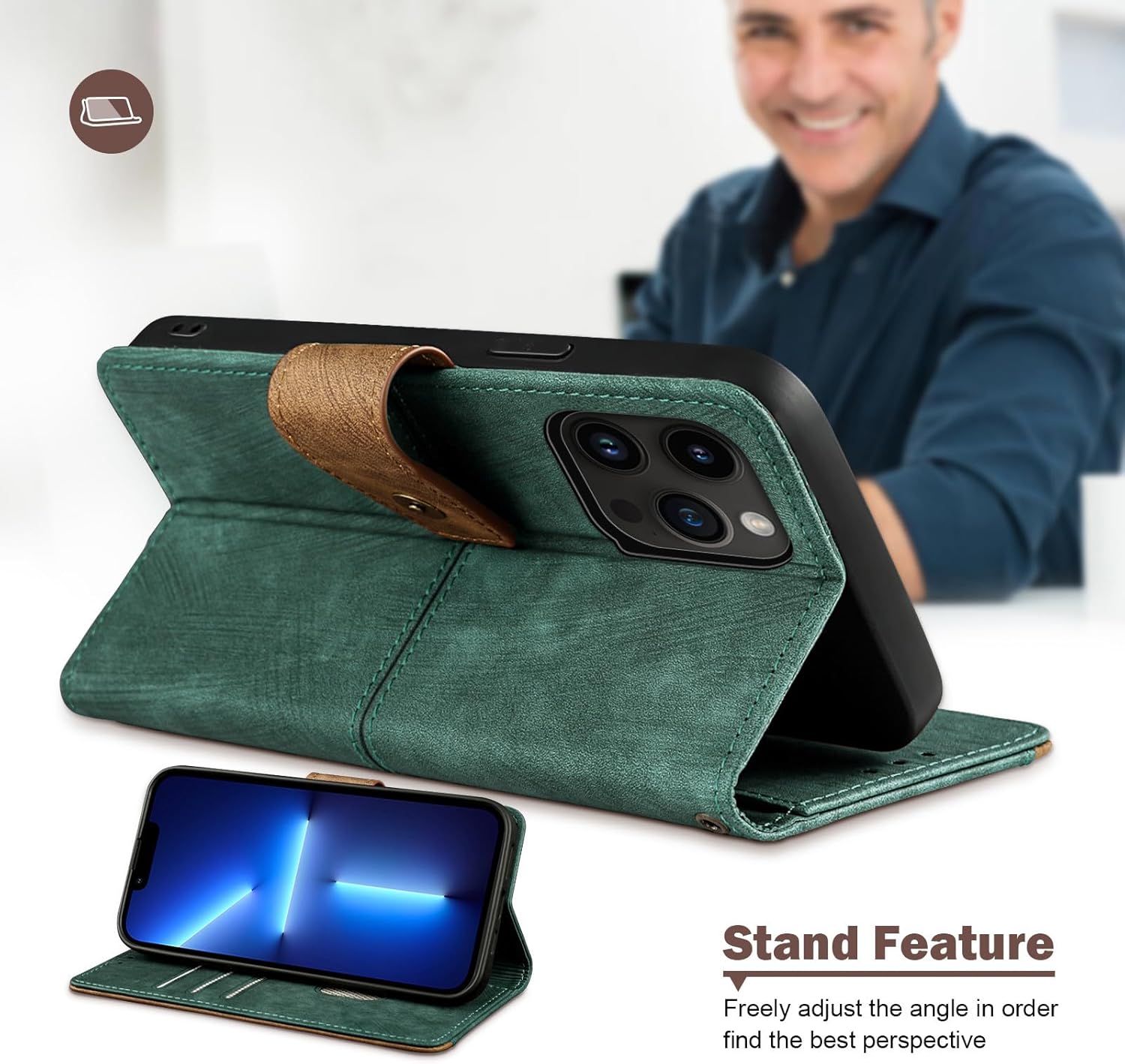 Leather Business Cell Phone Holster for Honor 200 Lite 5G,Anti-Slip Scratch Resistant Flip Cover with Card Holder,Stand Feature Wallet Case 6.7 Inches - Green