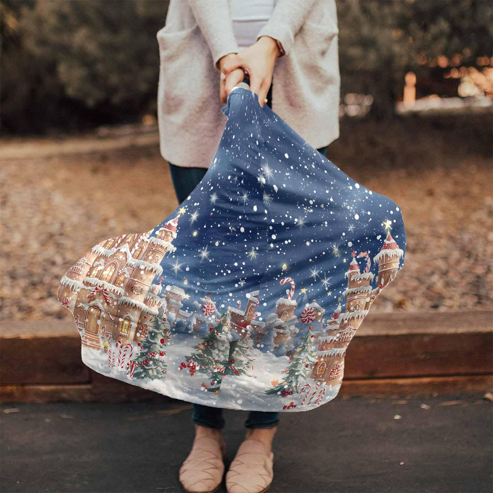 Nursing Cover for Breastfeeding Scarf, Christmas Candy Gingerbread Castle Snowy Night Baby Car Covers Super Soft Multi Use for Canopy Shopping Cart Cover Blanket Stroller Cover