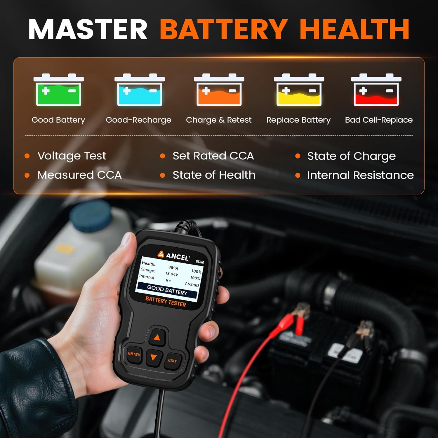 ANCEL BT310 Battery Tester displaying detailed battery health results, including charge, voltage, internal resistance, and overall status.