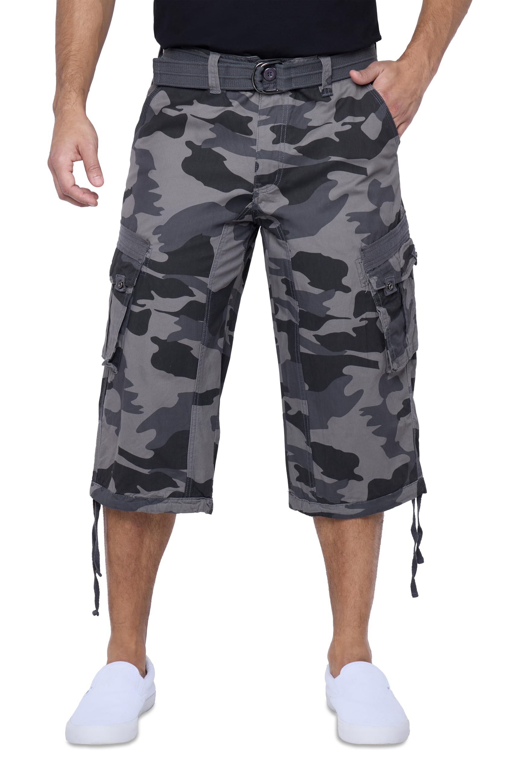 X RAY Men's Belted Tactical Cargo Long Shorts 18" Inseam Below Knee Length Multi Pocket 3/4 Capri Pants, Black Camo, 34