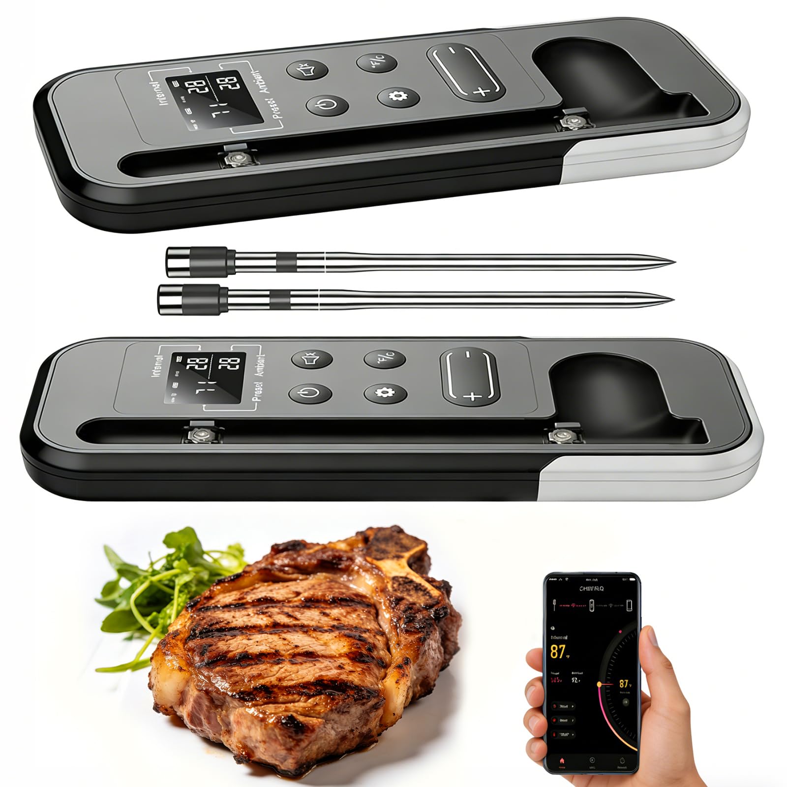 ANTELA Fleischthermometer Kabellos Bluetooth 5.3, 2 Packs | 200M Reichweite, LCD Anzeige, Alarmfunktion, Für Ofen, BBQ, Grill, Raucher, APP-Steuerung