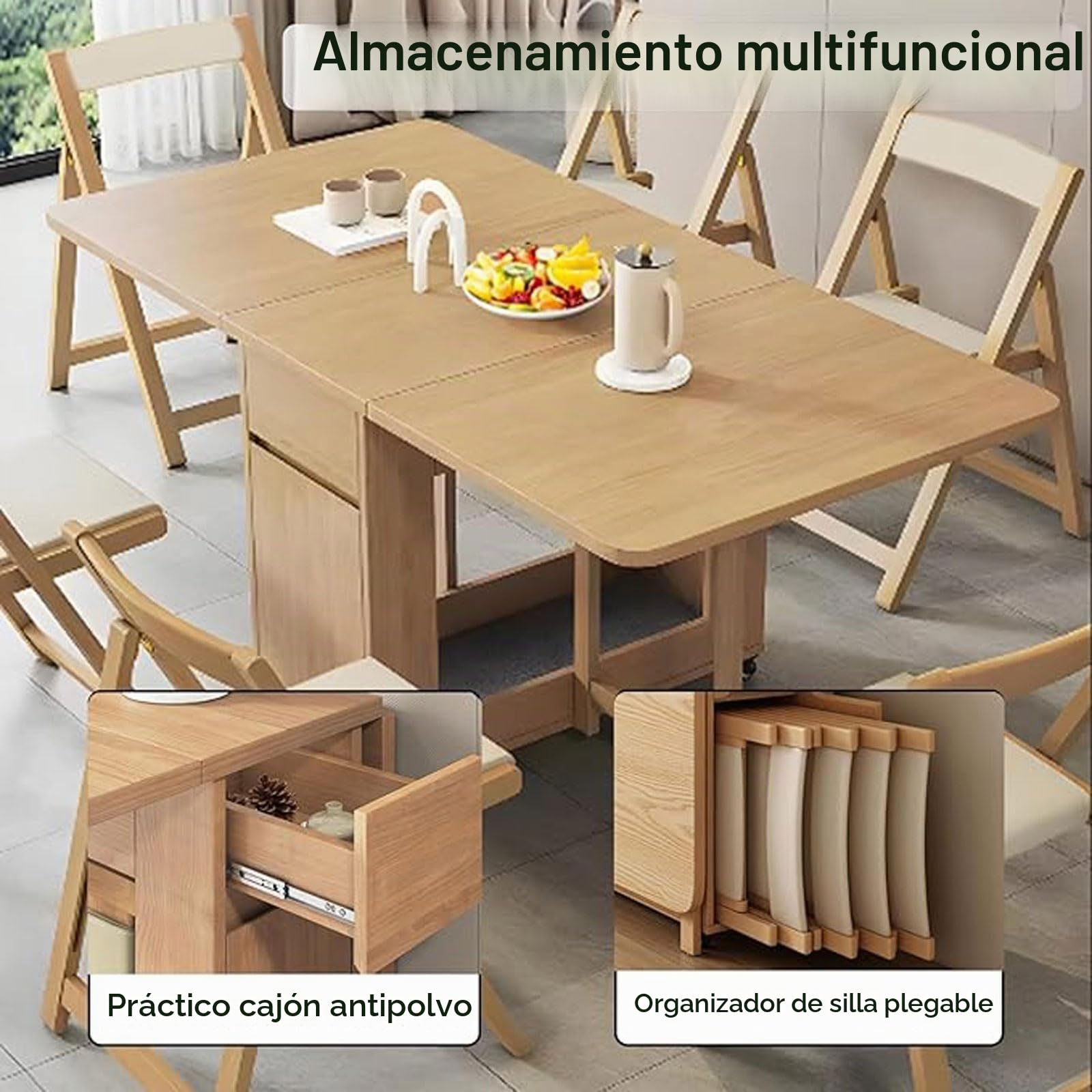 Mesa de Comedor compacta Que Ahorra Espacio, Mesa Extensible abatible con cajón y Estante de Almacenamiento, Juego de mesas de Comedor Plegables de Madera Modernas, for Comedor