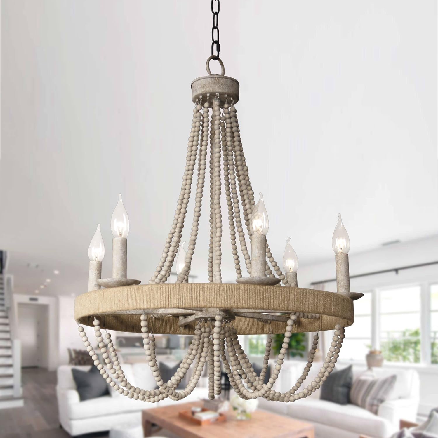 Chandeliers for Dining Room, Farmhouse Bohemia Chandelier Ceiling Light with Wood Beads, Rustic Hanging Light Fixture for Kitchen Living Room Entryway, Adjustable Chain (39.4"), 6-Light
