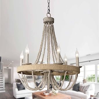 Chandeliers for Dining Room, Farmhouse Bohemia Chandelier Ceiling Light with Wood Beads, Rustic Hanging Light Fixture for Kitchen Living Room Entryway, Adjustable Chain 39.4", 6-Light