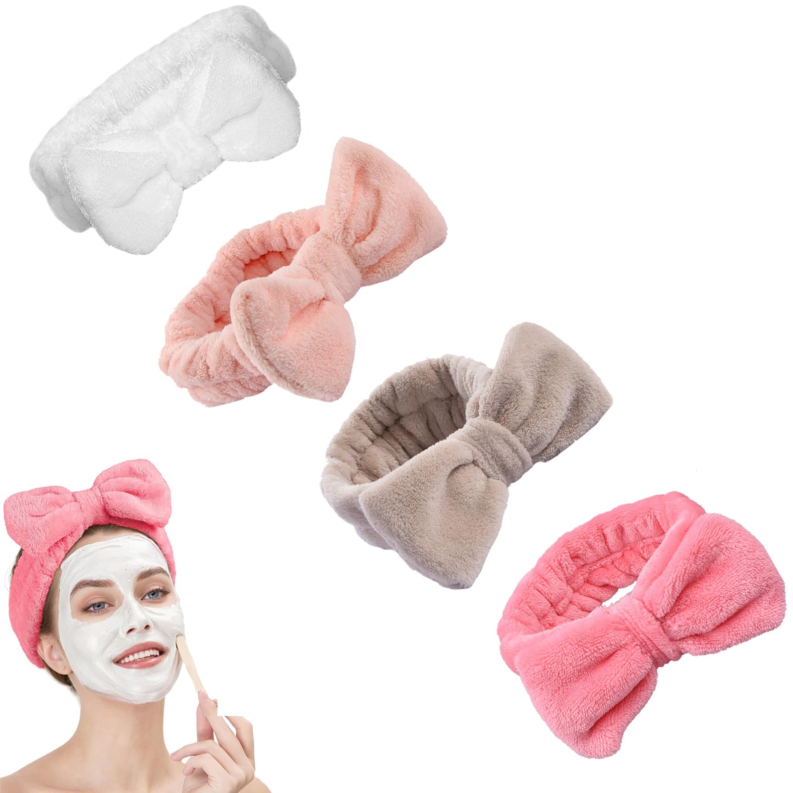 Spa Headband 4-Pack for Face Washing, Makeup, and Skincare - Microfiber Bow Tie Hair Band Set for Girls - Elastic Headbands Ideal for Cosmetics, Sports, Yoga, and Shower - Assorted Colors