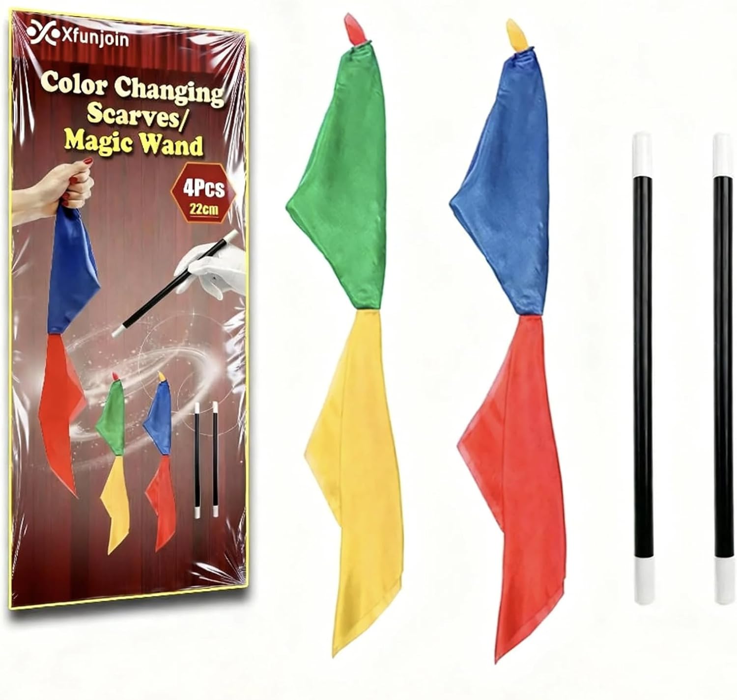 Magic Trick Set for Stage Performance: 4PCS Magic Props with 2 Color Changing Scarves & 2 Rising Magic Wands | Easy Magic Kit with Video Tutorial for Beginners, Magicians
