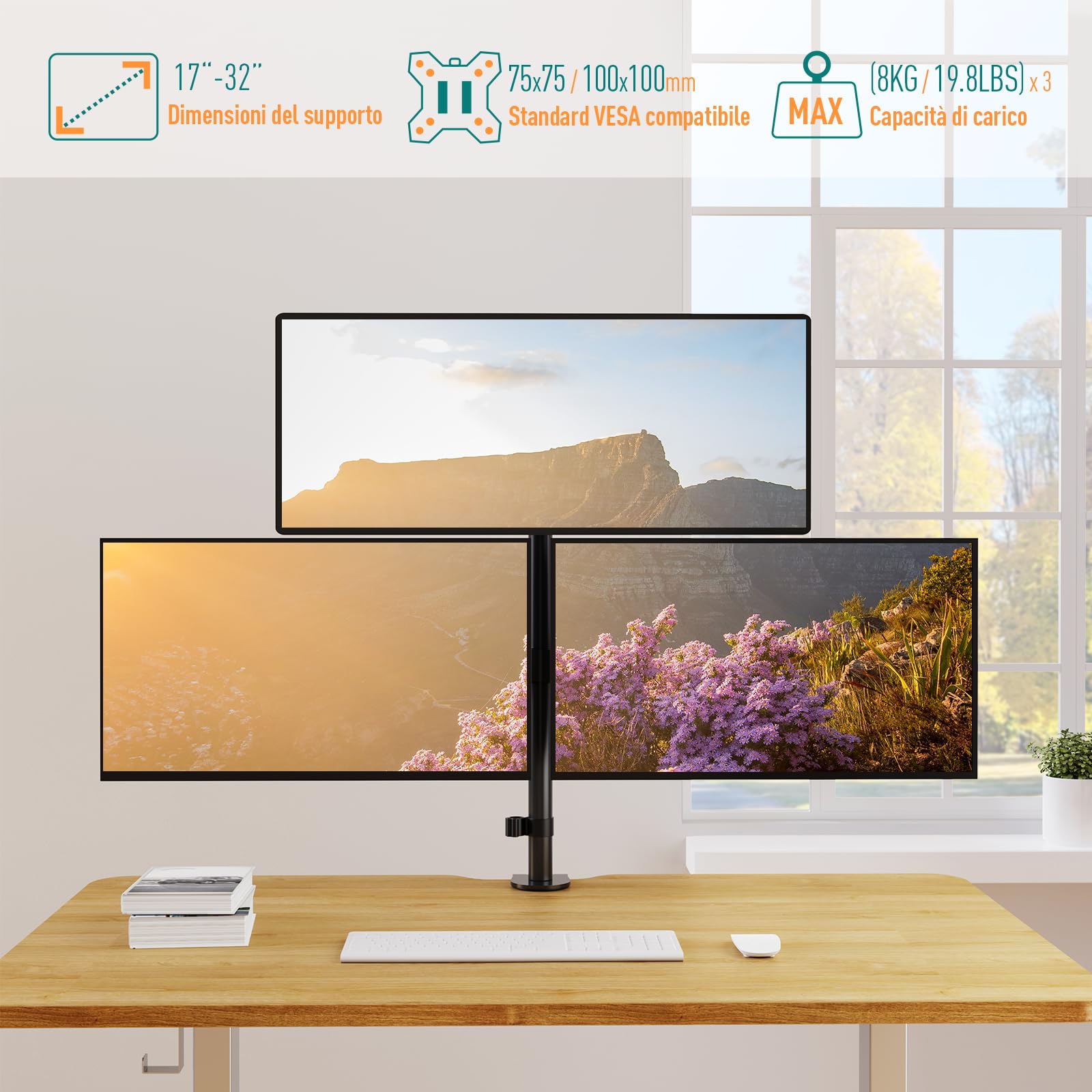 ELIVED Supporto per monitor 3 monitor per schermi da 17 a 32 pollici, braccio a tre monitor, altezza regolabile, asta alta 80 cm, max. 8 kg per braccio, VESA 75/100 mm, EV4013