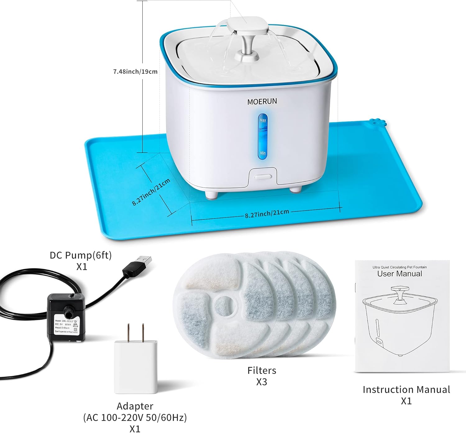 MOERUN Cat Water Fountain,3L/101oz Ultra-Quiet Cat Drinking Fountains,Cat Fountain with 4 Replacement Filters,1 Silicone Mat,LED Light,Auto Shut-Off Pump,Water Fountain for Cats Inside : Pet Supplies