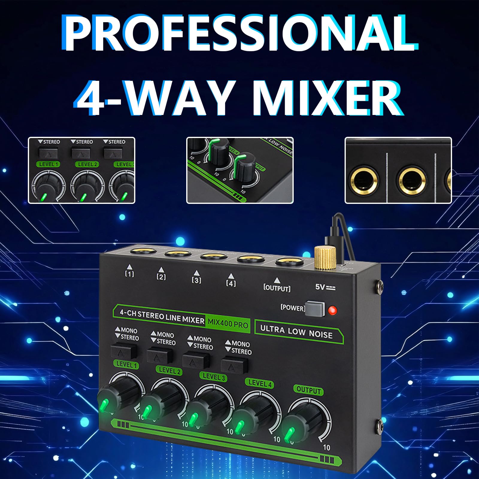 4 Kanal Stereo Audio Mixer, Mischpult 4 Kanäle 6,35mm Audiomischer mit 4 Eingänge und 1 Ausgang Type-C Aufladen Audiomixer für Bandauftritte Bühnenauftritte Instrumentenübungen Musikaufnahmen