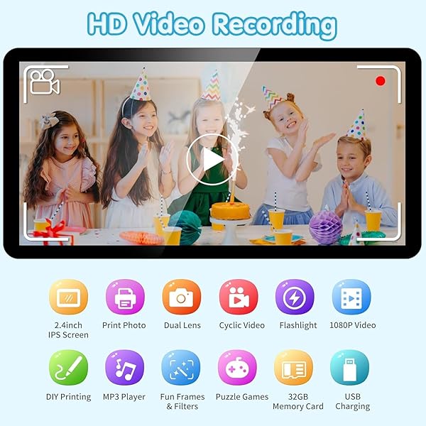 Macchina Fotografica Bambini Istantanea, 2,4 Pollici 1080P Fotocamera Bambini Selfie con Carta da Stampa e 32GB Scheda, Giocattolo Regalo di Natale Bambino e Bambina 3 4 5 6 7 8 Anni (Blu) - 2