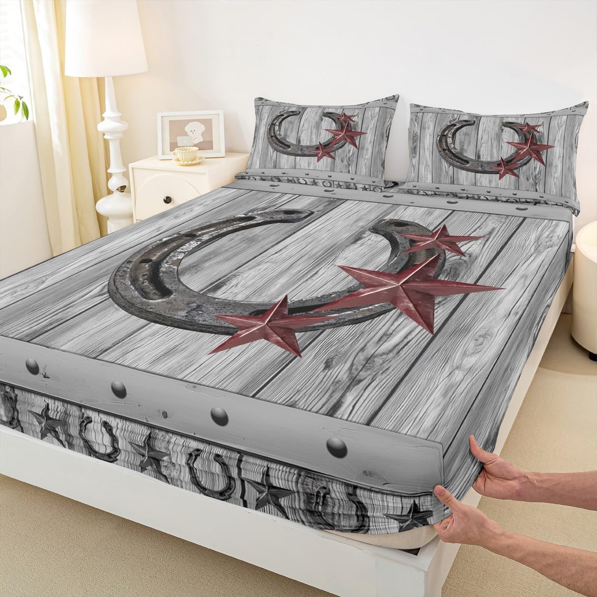 Grey Rustic Barn Sheet Set Western Cowboy Horseshoe Bedding Set Queen Size for Kids Boys Adults Teens Room Decor Vintage Farmhouse Wooden Deep Pocket Sheet Star Horseshoe Fitted Sheet 4pcs
