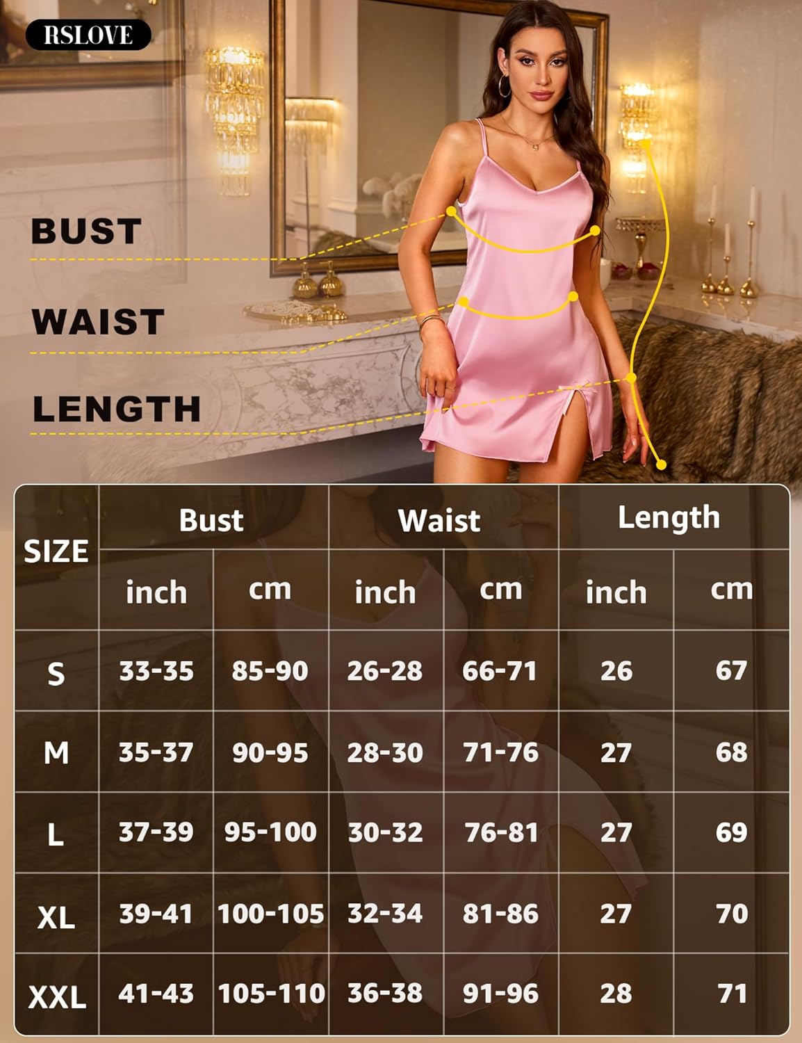 RSLOVE Women's Lingerie Sexy Satin Nightgown - V Neck Lace Babydoll Slip Chemise with Adjustable Straps Sleepwear - Image 5