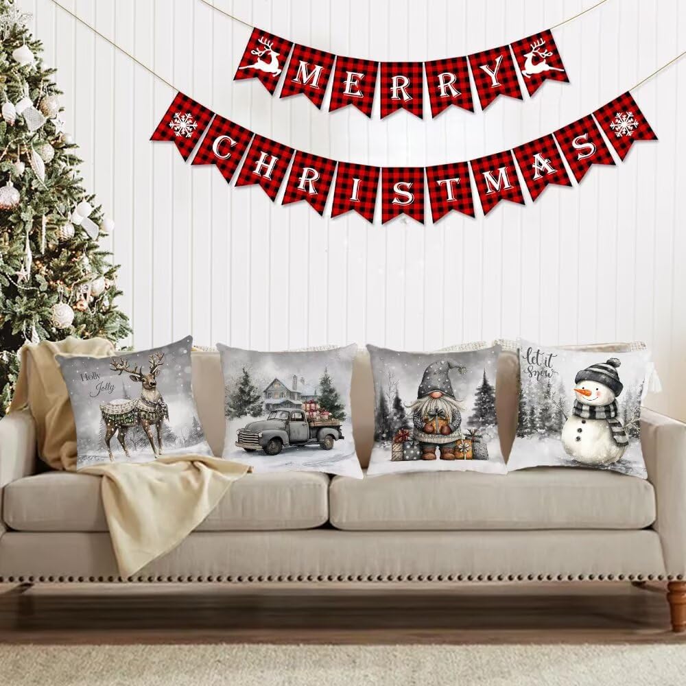 YeeJu Set of 4 Merry Christmas Decorative Throw Pillow Covers Winter Holiday Xmas Velvet Pillow Cases White Grey Snowman Gnome Elk Cushion Covers Outdoor Sofa Home Decorations 26x26 Inch